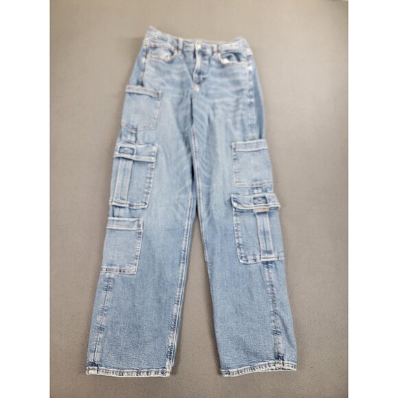 American Eagle Jeans Womens 8 Blue Denim Super Baggy Cargo Pockets Utility - Picture 1 of 14